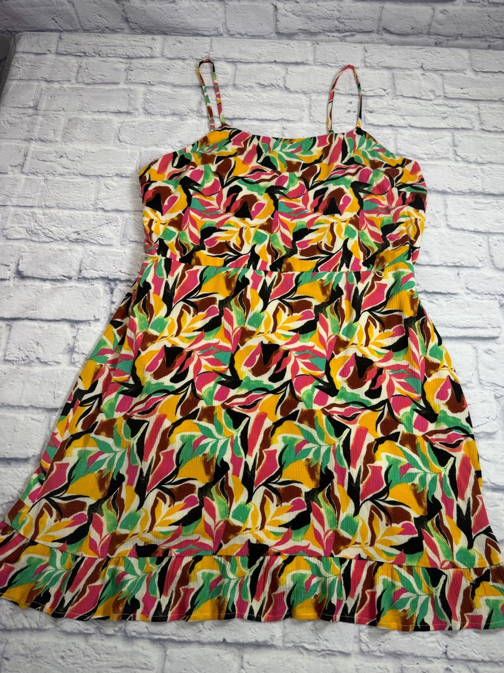 Nine West Yellow Pink Green Leaf Mini Dress. Great for Fall & Layering! XL